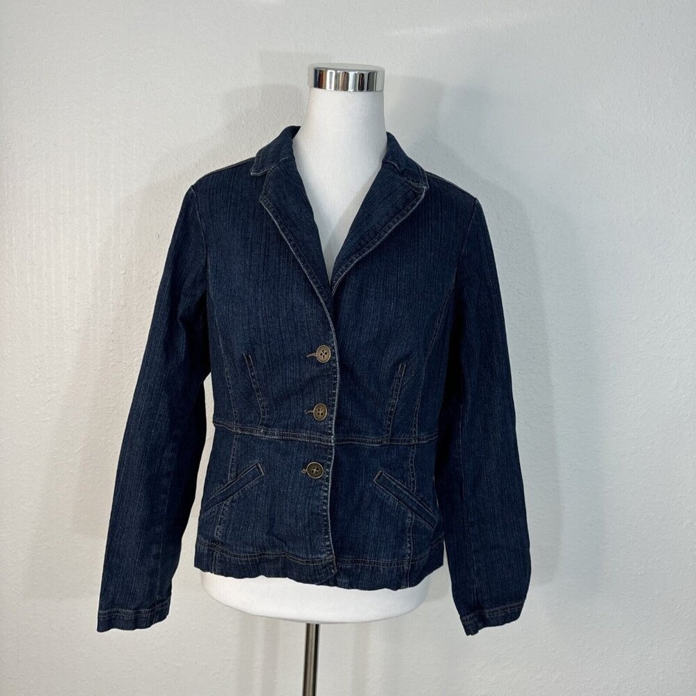 St Johns Bay Womens Jacket M Denim Jean Jacket Dark Wash Button Front Stretch